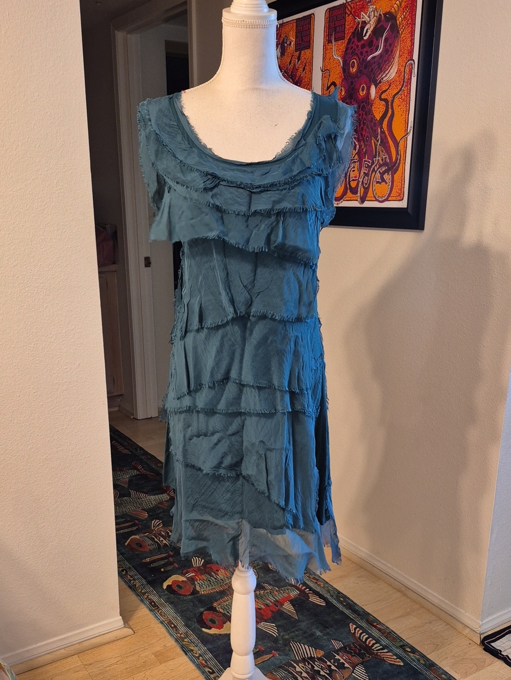 Gigi Moda 100% Silk Green Ruffled Flapper Midi Dress